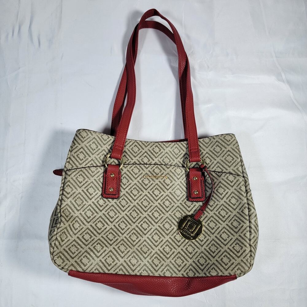 Liz Claiborne Red Beige Geometric Tote Shoulder Bag Faux Leather Large Purse